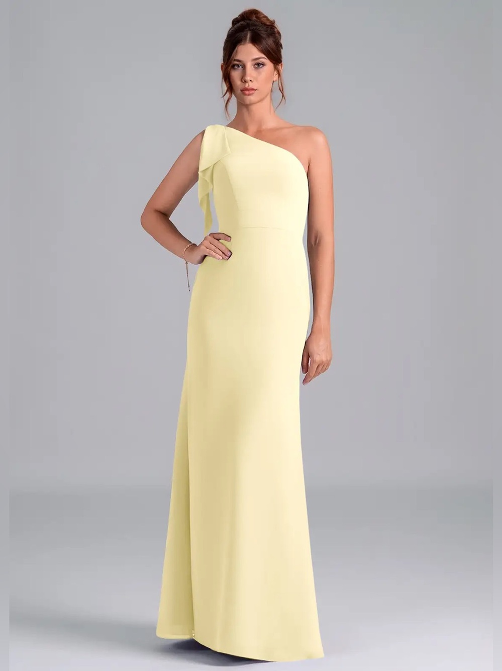 Azazie Rinna Lemon Sorbet Yellow Mermaid One Shoulder Chiffon Maxi Formal Dress